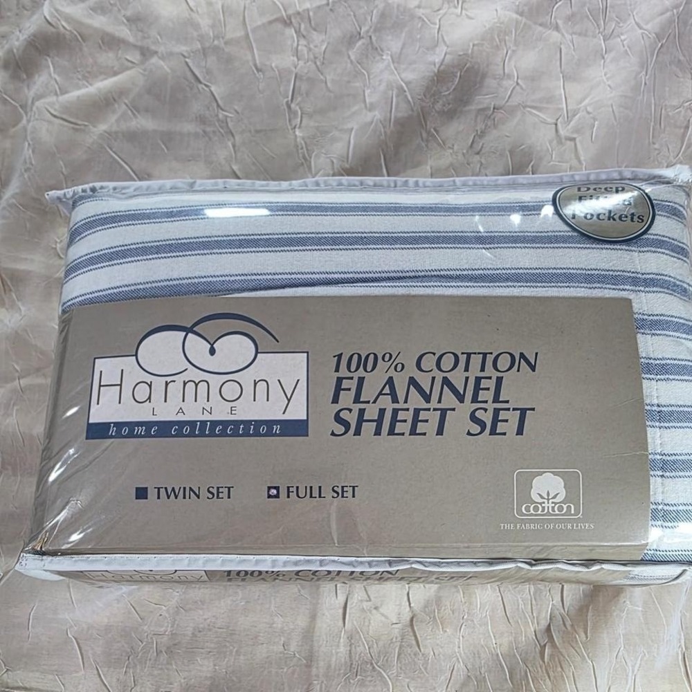Harmony Lane Full Flannel Sheet Set 100% Cotton Blue Stripe Made in Portugal